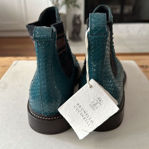 BRUNELLO CUCINELLI Size 37 EU Pull On Chelsea Boots EMERALD PYTHON LEATHER NEW - Picture 4 of 11